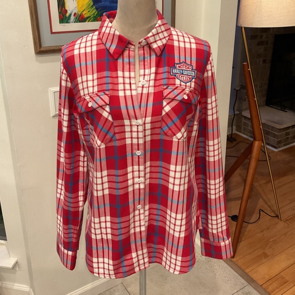 Harley-Davidson Tops - Harley-Davidson Vintage Red, White and Blue Plaid Button-Front Shirt